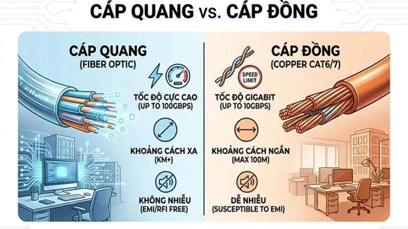 Cáp quang và cáp đồng (LAN) cho văn phòng nên chọn loại nào?
