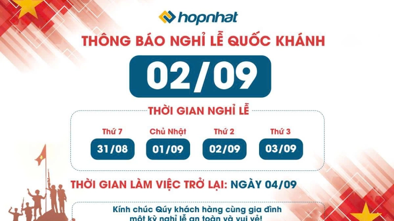 Thông báo lịch nghỉ lễ Quốc Khánh 02-09-2024