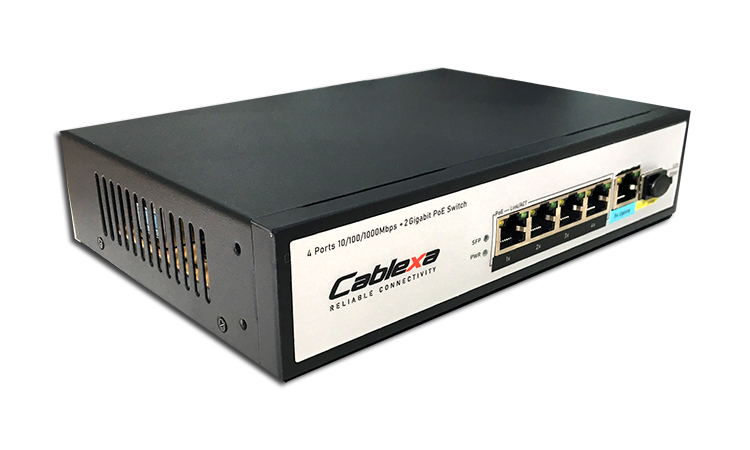 Switch PoE 4 Ports FMC-4PGE1GE1GF Cablexa, Switch PoE Cablexa FMC 4PGE1GE1GF, 4-Port Gigabit PoE Switch with, 1 Gigabit RJ45 and 1 SFP