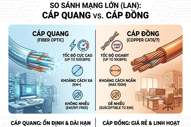 Cáp quang và cáp đồng (LAN) cho văn phòng nên chọn loại nào?, So sánh mạng cáp quang và cáp đồng cho văn phòng 2026