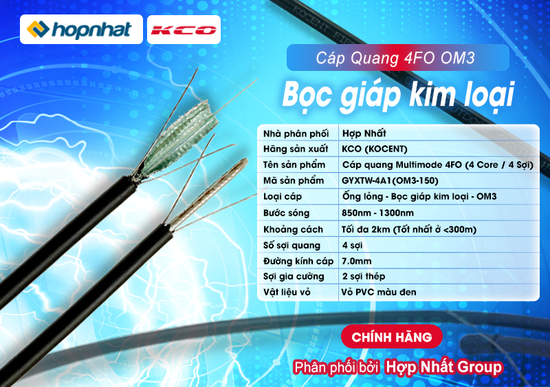 Cáp quang 4FO OM3 KCO, bọc giáp kim loại