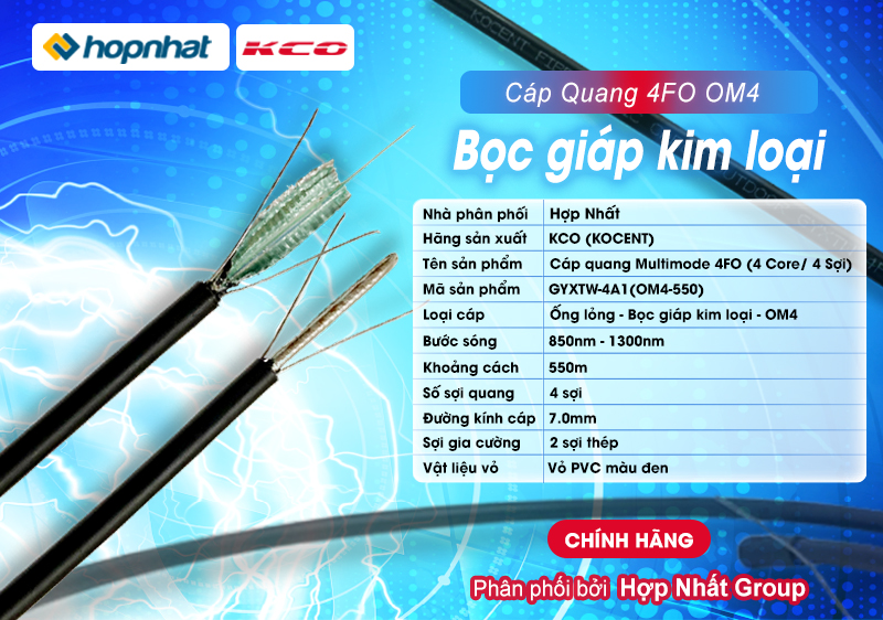 Cáp quang Multimode 4FO OM4, bọc giáp kim loại hãng KCO