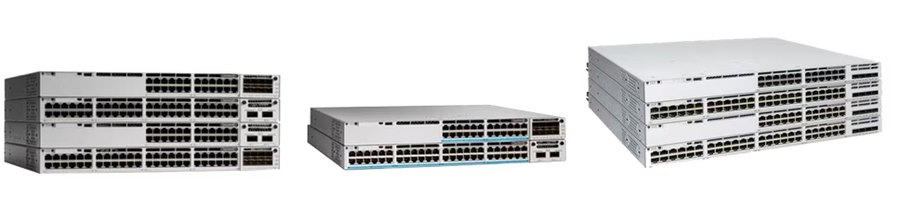 Ba kiểu máy Catalyst 9300 xếp cạnh nhau: bản cổng đồng, bản quang và bản 9300X uplink module