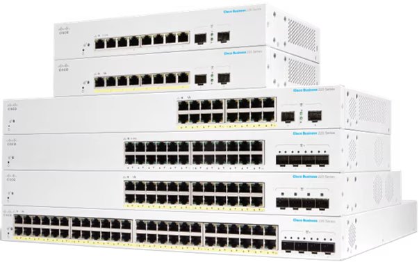 Các cỡ máy Cisco Business 220 từ 8 tới 48 cổng, bản PoE có vạch vàng trên cổng