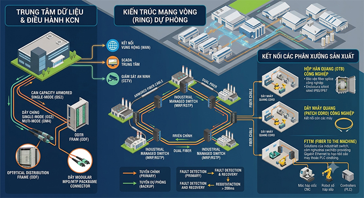 Hạ tầng cáp quang công nghiệp nhà xưởng và kết nối trục chính KCN