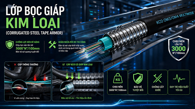 Cáp quang Multimode KCO bọc giáp kim loại Cáp quang Multimode KCO bọc giáp kim loại