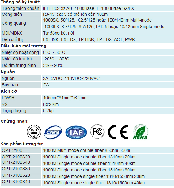 Thông số kỹ thuật bộ chuyển đổi quang điên Multimode Opt-2100